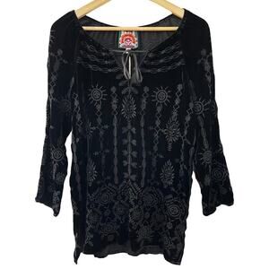 Johnny Was Velvet Althea Embroidered Peasant Tunic Top Size XS Black Boho NEW